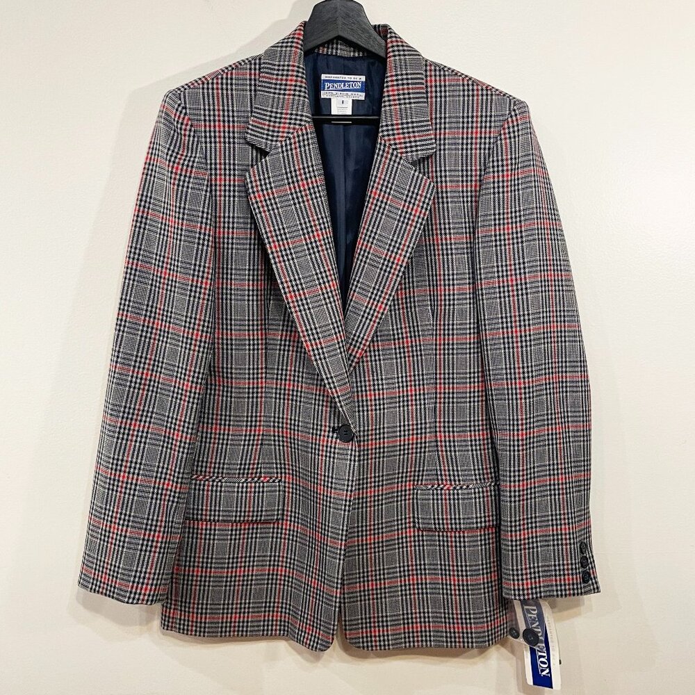 New VTG Pendleton 100% Wool Plaid Blazer Navy Red Beige 8, M